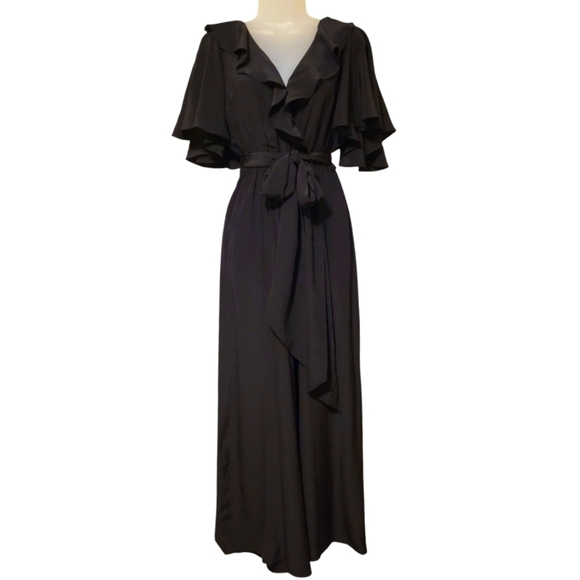 Michael Kors Collection Women’s Silk Jumpsuit Ruffle V-Neck Flutter Sleeve Black - Picture 2 of 16